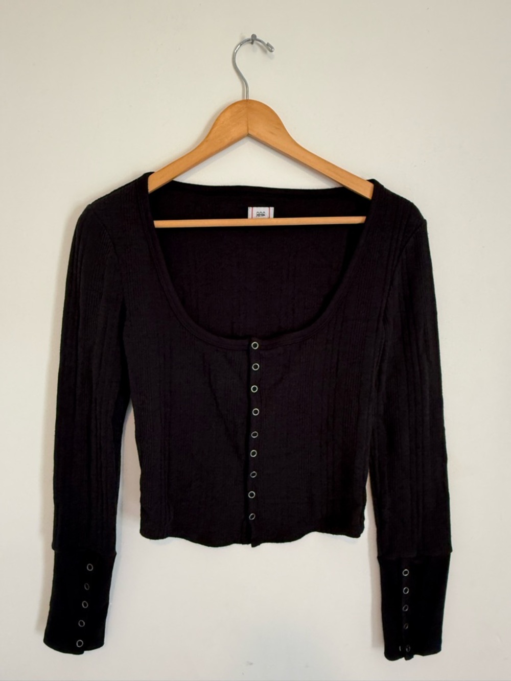 BDG Black Ribbed Scoopneck Snap-Front Long Sleeve Top